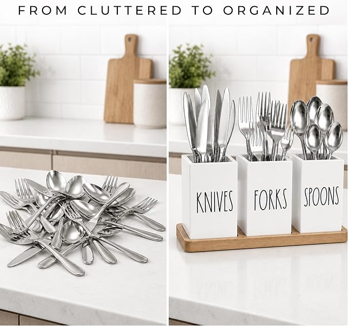 Farmhouse Silverware Holder, Rustic Wood Silverware Caddy with Tray, Spoon Fork Knives Flatware Dispenser, Utensil Countertop Organizer, Plastic Cutlery Holder for Kitchen Party (White)