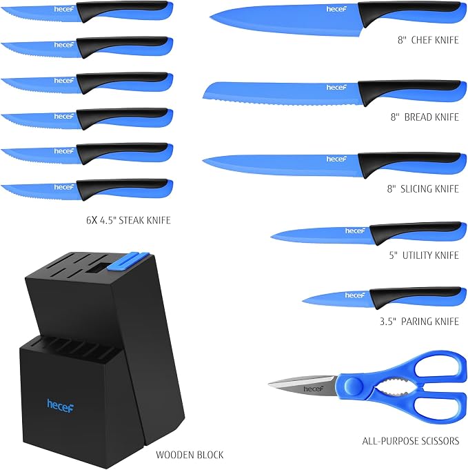 hecef 14 Pieces Kitchen Knife Set with Built-in Sharpening Wooden Block, Dishwasher Safe, High Carbon Stainless Steel Knife Block Set with Steak Knives, Kitchen Scissors (Blue)
