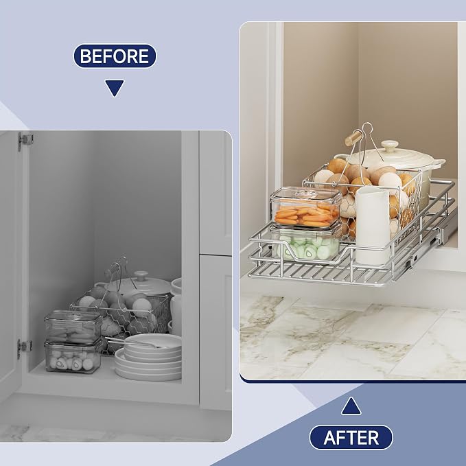 Pull Out Cabinet Organizer, 11.5" W x 21.5" D, Heavy Duty Chrome Slide Out Shelf for Narrow Base Cabinets, Sliding Wire Basket Drawer for Spices, Bottles, Snacks & Cleaning Supplies
