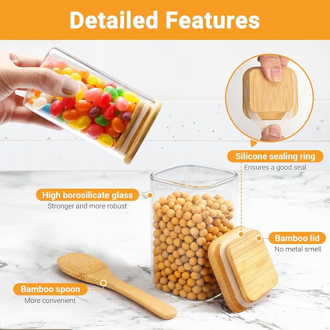 Glass Jars with Bamboo Lids, 4 Pack 8 Fl.oz Glass Canister with Airtight Lids, Wide Mouth Spice Jars Clear Food Storage Containers for Sugar Coffee Bean Tea - Included Labels, Spoon and Marker