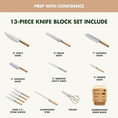 GreenPan Elite 13 Piece Wooden Knife Block Set, Professional Stainless Steel Blades with Titanium Coating, Ultra-Sharp Kitchen Cutlery, Chef, Santoku, Bread & Steak Knives, Ergonomic Light Wood Handle