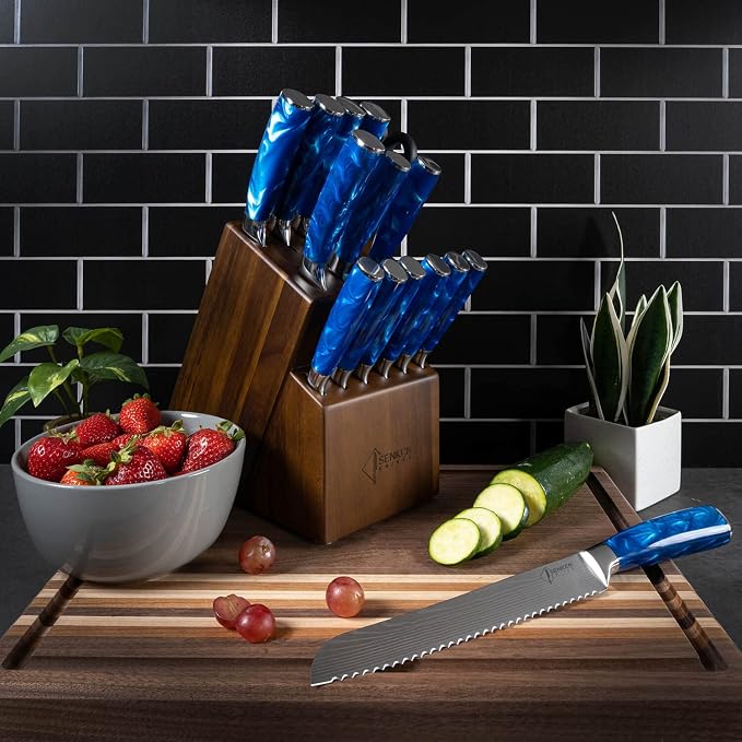 SENKEN 16-Piece Knife Block Set - Japanese High Carbon Stainless Steel with Damascus Pattern, Blue Resin Handles, 6 Steak Knives & Acacia Hardwood Block (Blue)