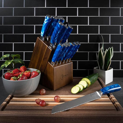 SENKEN 16-Piece Knife Block Set - Japanese High Carbon Stainless Steel with Damascus Pattern, Blue Resin Handles, 6 Steak Knives & Acacia Hardwood Block (Blue)