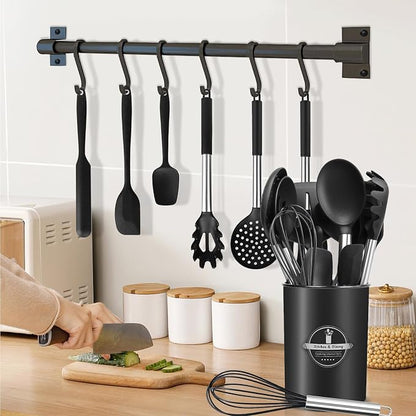 KSENDALO Cooking Utensils Set of 26 - Non Toxic Black Silicone Kitchen Utensils Set with Spoons, Heat Resistant Tong, Whisk & Holder, Dishwasher Safe