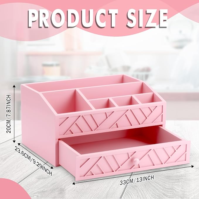 Marsui Paper Plate Dispenser, Wood Rustic Paper Plate Holder for Countertop with Drawer Silverware Utensil Caddy, Cutlery Flatware Organizer for Spoon Fork Napkins Kitchen Parties(Pink)
