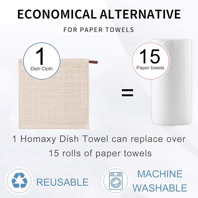 Homaxy 100% Cotton Terry Kitchen Dish Cloths, Ultra Soft and Absorbent Dish Towels for Kitchen, Suitable for Drying and Washing Dishes, 6 Pack, 12 x 12 Inches, Beige