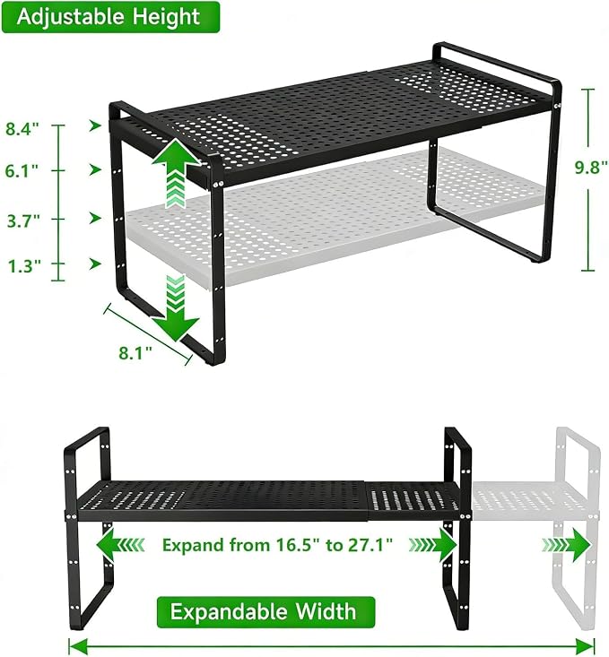 Expandable Cabinet Storage Shelf Stackable Organizer Rack for Kitchen Bathroom Pantry Spice Cupboard Coffee Countertop Home Office Desk Heavy Duty Nonslip Black Small 3 Packs