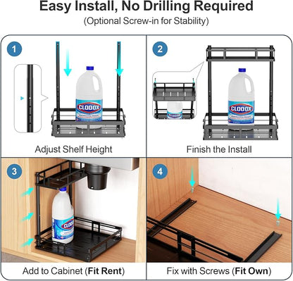 iSPECLE Under Kitchen Sink Organizer, 2 Pack L-Shaped Height Adjustable Pull-Out Cabinet Organizer for Center-Mounted Garbage Disposal & Plumbing, Heavy-Duty Sliding for 30-36 Inch Wide Sink Cabinets