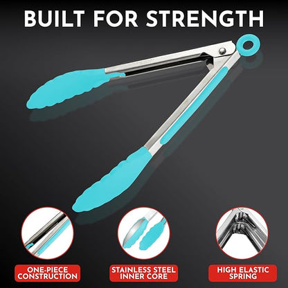Kitchen Tongs with Silicone Tips Set of 3 Heat Resistant Tongs for Serving Food, 7-Inch, 9-Inch, 12-Inch Locking Silicone Tongs for Cooking, Salad Tong, Aqua Kitchen Utensils