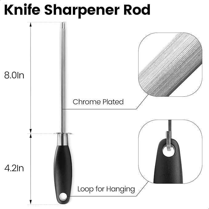 Kitchen Knife Sharpener Rod, Fast Sharpening Professional Blade Sharpener Carbon Steel, Chrome Plated Honing Rod With Hanging Hole, Black 8 Inch