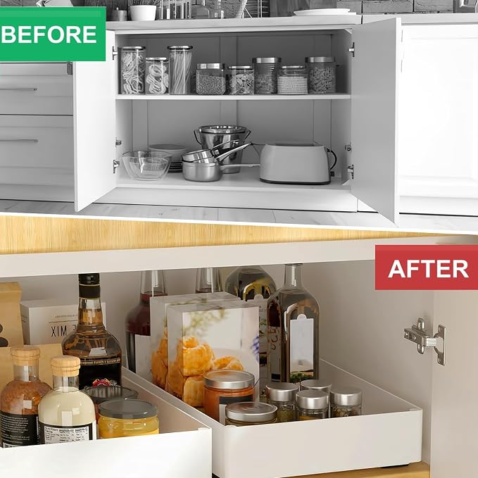 Pull Out Cabinet Organizer with Slide Out Drawers, Under Sink Organizer for Kitchen & Bathroom, White, Small Sizes