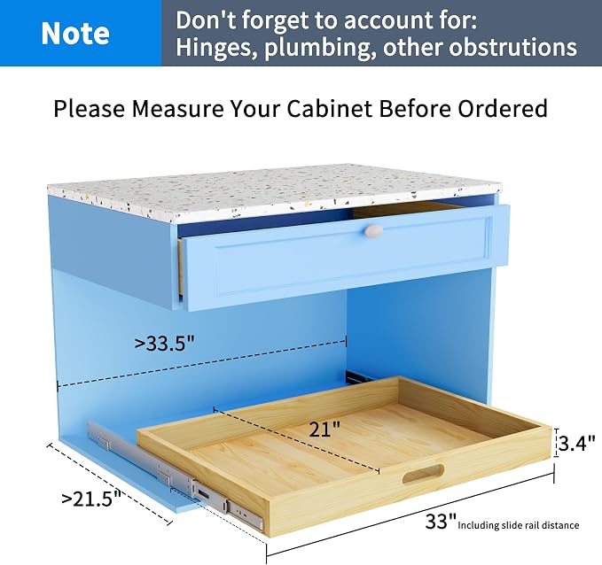 Pull Out Cabinet Organizer, 1PC 33''W x 21''D x 3''H Soft Close Slide Out Wood Drawer Storage Shelves for Kitchen, Finished, Heavy-Duty, Bottom Assembly (Wood Drawer Part Width is 32inch)