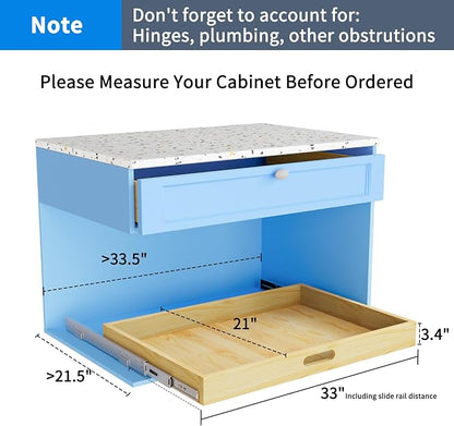 Pull Out Cabinet Organizer, 1PC 33''W x 21''D x 3''H Soft Close Slide Out Wood Drawer Storage Shelves for Kitchen, Finished, Heavy-Duty, Bottom Assembly (Wood Drawer Part Width is 32inch)