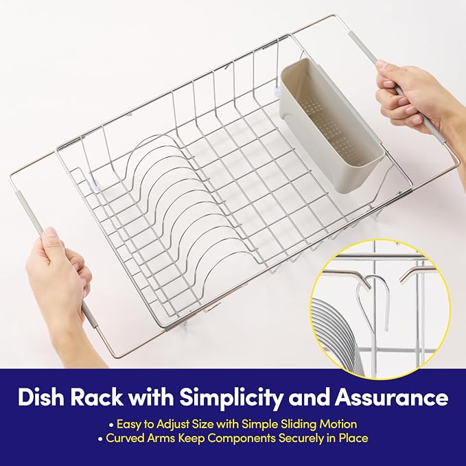 Dish Drying Rack Over the Sink Expandable to 24.5" Dish Drainer — Space-Saving Rectangular Kitchen Extending Drying Station with Utensil Holder, Fits Most Sinks for Easy Dish Organization, Silver