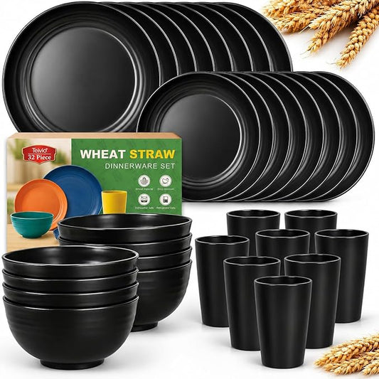 Teivio 32-Piece Kitchen Plastic Wheat Straw Dinnerware Set, Service for 8, Unbreakable Modern Dish Set - Dinner Plate/Dessert Plate/Cereal Bowl/Cup, for Apartment Essentials, Outdoor Camping, Black