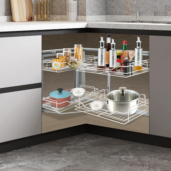 Pull-Out Cabinet Organizer, 2-Tier Left or Right Corner Kitchen Cabinet Organizer, Slide Out Drawer, Stainless Steel, Grey Silver, 4 Baskets, for Pantry, Kitchen, Apartment, Home Storage