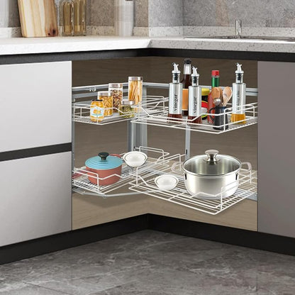 Pull-Out Cabinet Organizer, 2-Tier Left or Right Corner Kitchen Cabinet Organizer, Slide Out Drawer, Stainless Steel, Grey Silver, 4 Baskets, for Pantry, Kitchen, Apartment, Home Storage