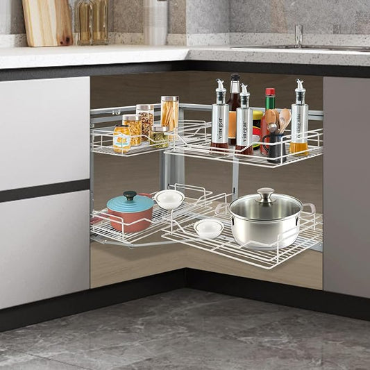 Pull-Out Cabinet Organizer, 2-Tier Left or Right Corner Kitchen Cabinet Organizer, Slide Out Drawer, Stainless Steel, Grey Silver, 4 Baskets, for Pantry, Kitchen, Apartment, Home Storage