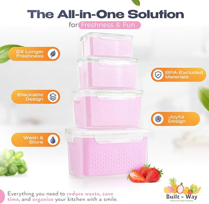 Fruit Storage Containers for Fridge - Set of 4 - Airtight Lid Keeps Fresh - For Fruit & Vegetable Storage - Space-Saving Design - Ideal for Produce, Berries, Snacks - Pink