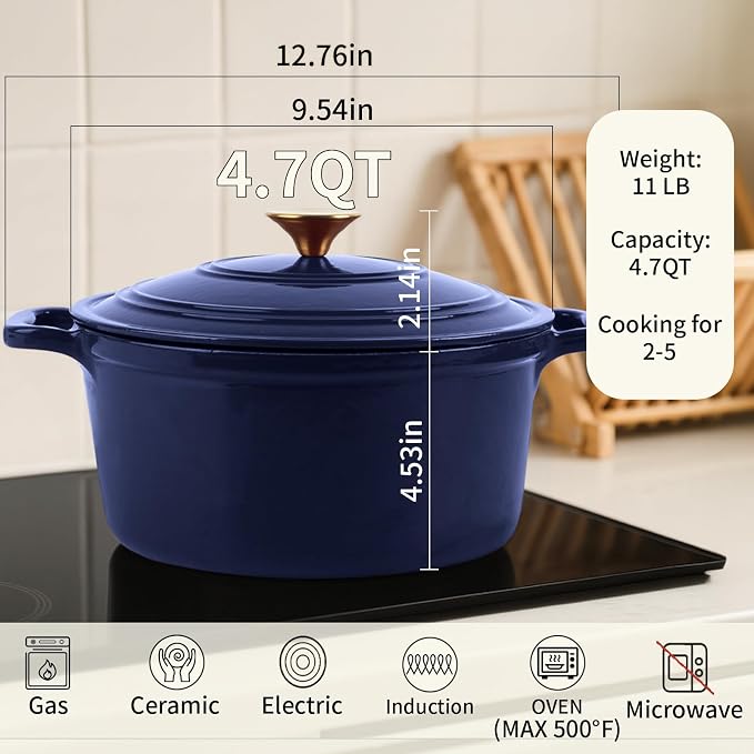 Enameled Cast Iron Dutch Oven with Lid&Silicone Grip, Round Casserole Pot for Bread Baking, Braising, Roasting,Stews,Heavy-Duty Baking Pan,Oven Safe, Induction Compatible (4.7QT,Indigo)