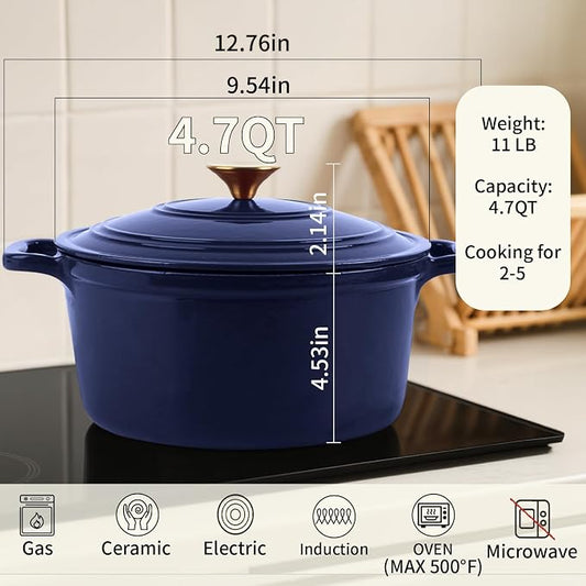 Enameled Cast Iron Dutch Oven with Lid&Silicone Grip, Round Casserole Pot for Bread Baking, Braising, Roasting,Stews,Heavy-Duty Baking Pan,Oven Safe, Induction Compatible (4.7QT,Indigo)