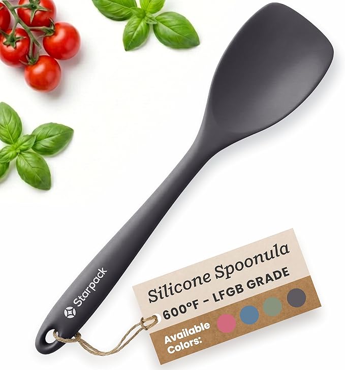 StarPack Silicone Spoonula The All-Rounder 11 Inch - LFGB Spoon Spatula, 600°F Heat Resistant, BPA-Free - One-Piece Seamless, Dishwasher Safe - for Nonstick Cookware, Gray Black