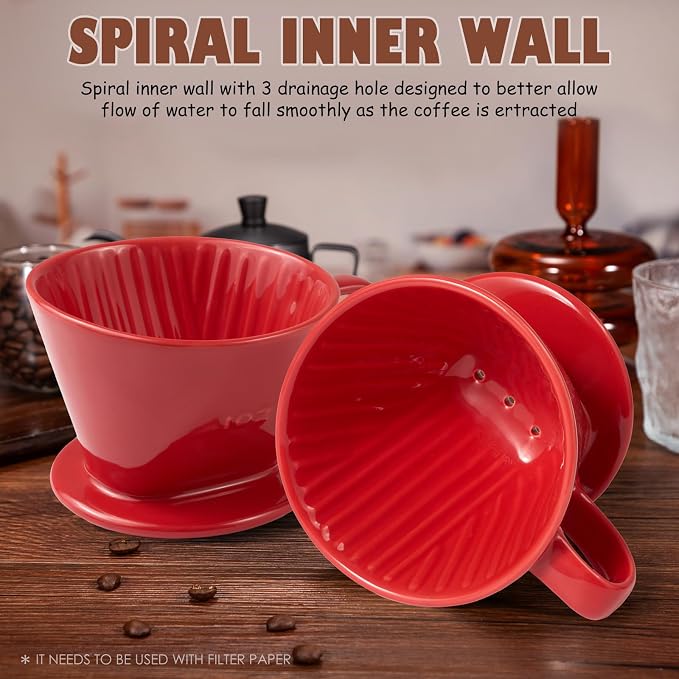 Pour Over Coffee Dripper, Ceramic Pour Over Coffee Maker with 3 Holes Flat Bottom, Easy Manual Brew Maker, Porcelain Slow Filter Cone for Travel, Camping, Office, Home,Red