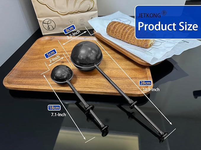 JETKONG 2 Pcs Flour Sifter, Stainless Steel Flour Duster for Bread Baking, Bakers Dusting Wand for Powdered Sugar and Spices (Small+Large, Black)