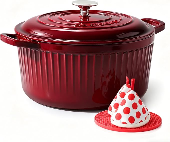SENSARTE Enameled Cast Iron Dutch Oven Pot with Lid 3.5/5.5/6.5 Quart Heavy-Duty Round Dual Handles Kitchen Pot with Cotton Potholders & Silicone Trivet, Pot for Bread Baking, Stews, Braising, Roasting, Oven Safe, 3.5 Quart, Red