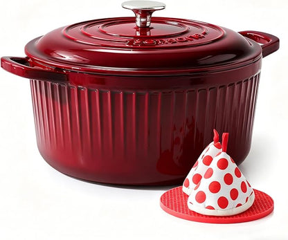 SENSARTE Enameled Cast Iron Dutch Oven Pot with Lid 3.5/5.5/6.5 Quart Heavy-Duty Round Dual Handles Kitchen Pot with Cotton Potholders & Silicone Trivet, Pot for Bread Baking, Stews, Braising, Roasting, Oven Safe, 3.5 Quart, Red
