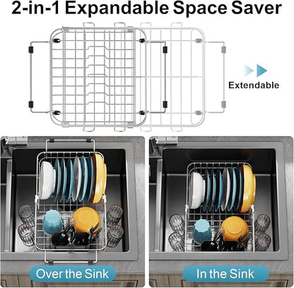 GSlife Small in Sink Dish Drying Rack - Expandable Stainless Steel Compact Over The Sink Dish Drainer with Utensil Holder for RV Kitchen Apartment, Silver