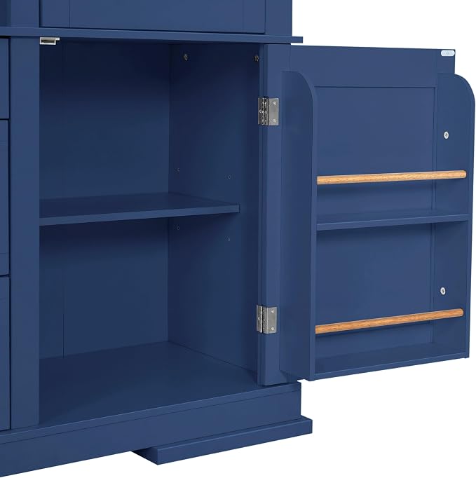 VilroCaz 78'' Tall Freestanding Kitchen Pantry with Hutch, Wooden Large Kitchen Storage Cabinet Cupboard with Drawers, Door Shelf and Adjustable Shelves for Dining Room Entryway (Blue-11.10)