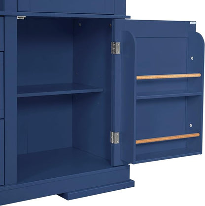 VilroCaz 78'' Tall Freestanding Kitchen Pantry with Hutch, Wooden Large Kitchen Storage Cabinet Cupboard with Drawers, Door Shelf and Adjustable Shelves for Dining Room Entryway (Blue-11.10)