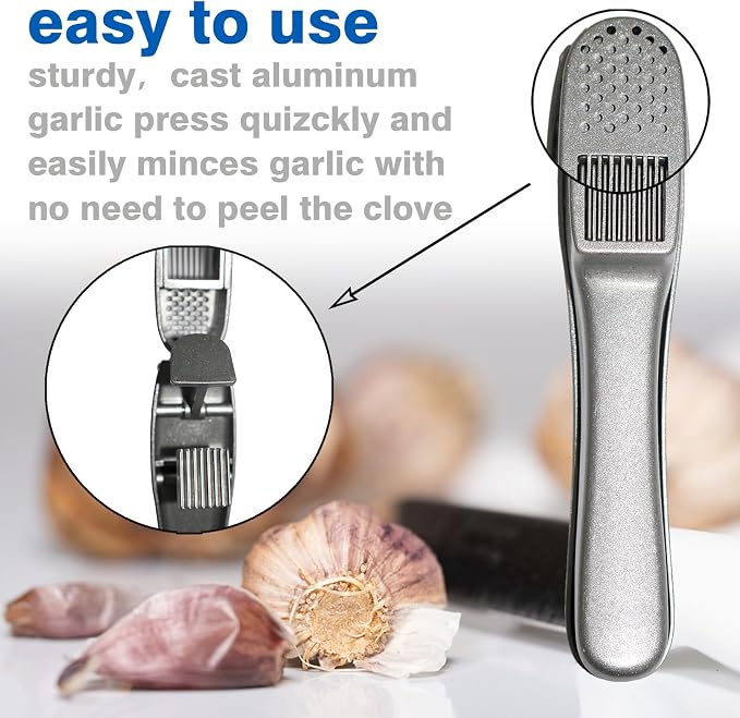 2-in-1 Professional Garlic Press and Peeler Set, Aluminium Press with Built-in Cleaner, Manual Crusher and Mincer for Unpeeled Garlic Cloves,Fast And Portable Garlic Peeler