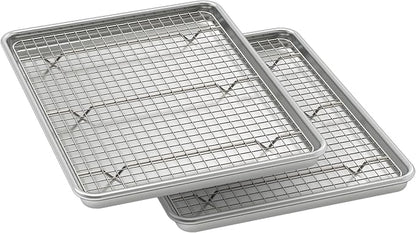 Wildone Baking Sheet with Rack Set (2 Pans + 2 Racks), Half Sheet Size | Natural Aluminum Commercial Quality Cookie Sheet with Cooling Rack, Nonstick Baking Pan, Warp Resistant & Heavy Duty