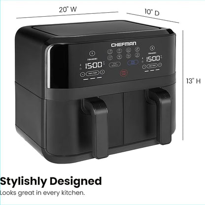 Chefman TurboFry Touch Dual Air Fryer, Maximize The Healthiest Meals With Double Basket Capacity, One-Touch Digital Controls And Shake Reminder For The Perfect Crispy And Low-Calorie Finish