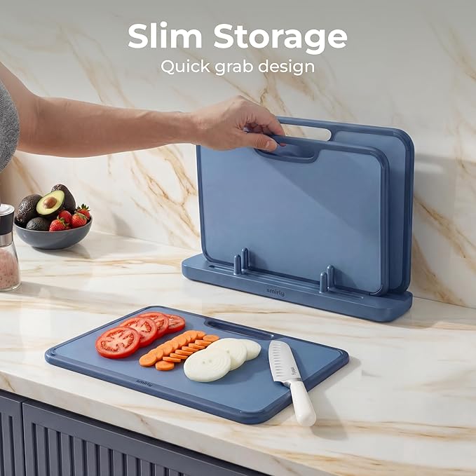 SMIRLY Plastic Cutting Board Set with Holder, Non-Slip Chopping Boards for Kitchen, Dishwasher Safe, Essential Kitchen Gadgets, 3 Pack, Blue