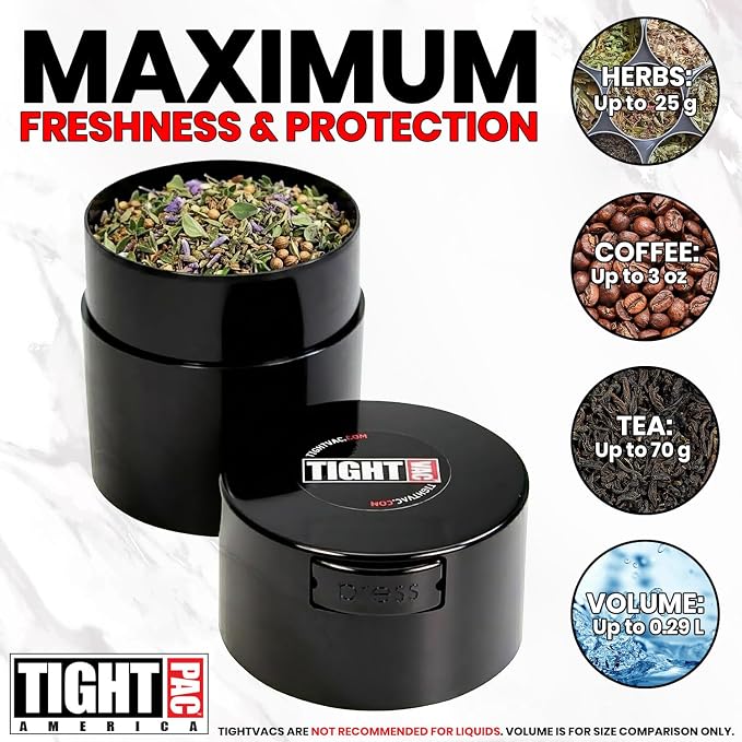 Tightvac 1/2 to 3 Ounces Airtight Herb Storage Container - Patented Vacuum Seal, Storage for Herbs, Coffee, Tea, Spices, Dry Goods - Small Odor Resistant Container, Black
