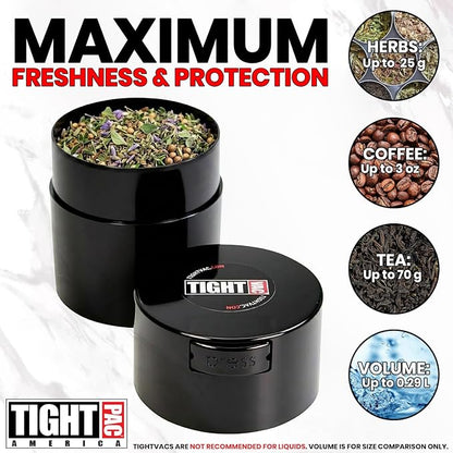 Tightvac 1/2 to 3 Ounces Airtight Herb Storage Container - Patented Vacuum Seal, Storage for Herbs, Coffee, Tea, Spices, Dry Goods - Small Odor Resistant Container, Black