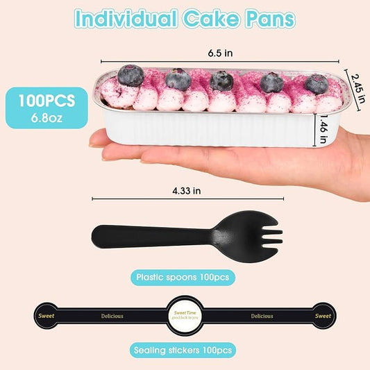 100 Pack Mini Cake Pans with Lids and Spoons, Disposable Aluminum Foil Cake Tins（6.8oz） Individual Small Cake Baking Containers for Party, Wedding, Birthday