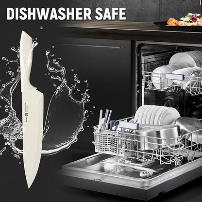 15-Piece Kitchen Knife Block Set with Built-in Sharpener, Upgraded Non-Stick Coating Blades, Ergonomic Handles, Dishwasher Safe, Cream
