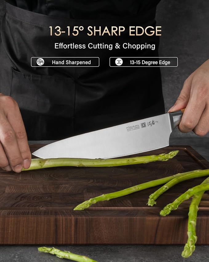 Mitsuharu 8 Inch Chef Knife, SHOMAN Series Meat Cutting Knife with Olive Wood Handle, German Steel Chef's Knife for Kitchen Cooking, Ultra Sharp Cutting Chopping Knife for Vegetable Fruit with Case
