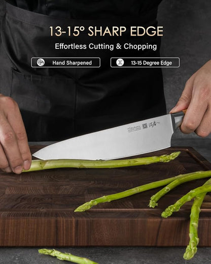 Mitsuharu 8 Inch Chef Knife, SHOMAN Series Meat Cutting Knife with Olive Wood Handle, German Steel Chef's Knife for Kitchen Cooking, Ultra Sharp Cutting Chopping Knife for Vegetable Fruit with Case