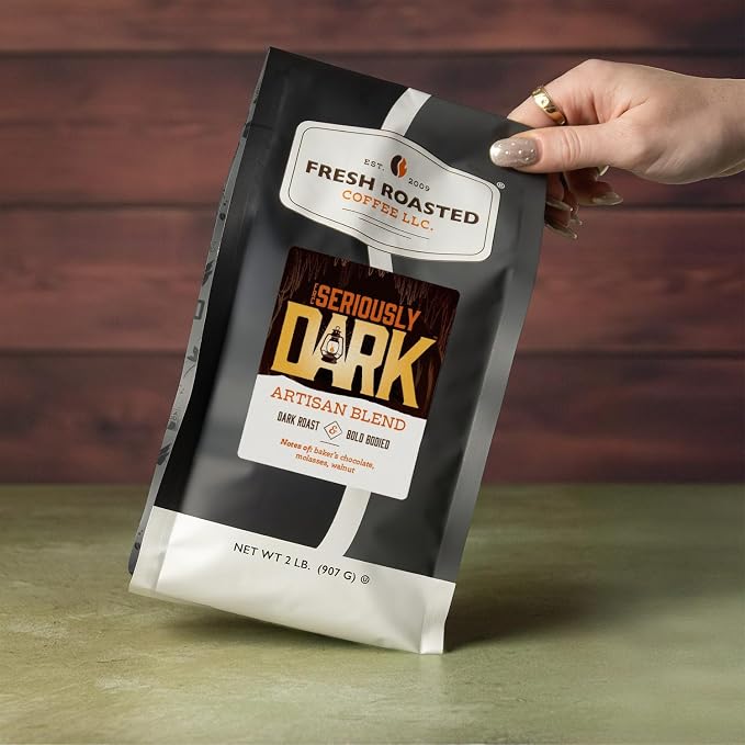 Fresh Roasted Coffee, Seriously Dark Artisan Blend Whole Bean Coffee, Dark Roast, Kosher, 2 lb (32 oz)