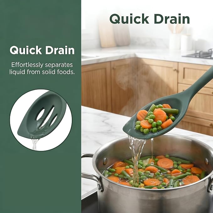 Silicone Cooking Spoons Set of 2, Heat-Resistant & Dishwasher Safe - Slotted and Solid Kitchen Spoons for Mixing, Serving, Stirring, Skimming