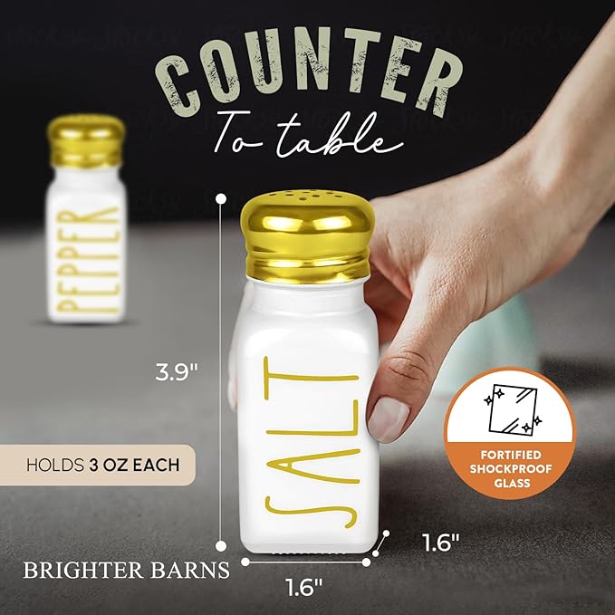 Luxury Gold Salt and Pepper Shakers Set by Brighter Barns - Glass Shakers & Stainless Steel Lid - Modern Decor for Home, Restaurant, Hotel, Wedding, Gifts - Luxury Kitchen Accessories (Gold)