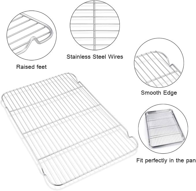 TeamFar Baking Sheet with Rack Set of 4, 20’’×14’’×1.2’’, Half Size Stainless Steel Cookie Sheet Baking Pans with Cooling Rack Set, Non Toxic & Rust Free, Mirror Finish & Easy Clean, 2 Pans & 2 Racks