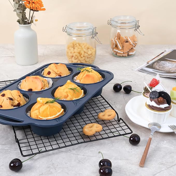 2 Pack Jumbo Silicone Muffin Pan with Metal Frame, Non Stick Silicone Cupcake Pan with Handles 6 Cup, BPA Free Silicon Muffin Tin Tray Extra Large for baking, egg bites, Cupcake Mold Grey