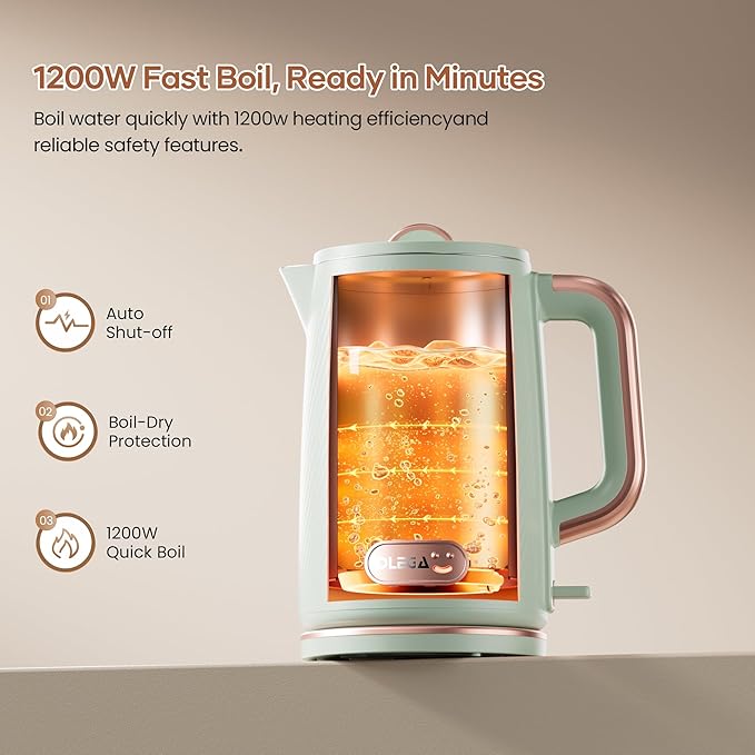 OLEGA Electric Kettle: 1200W Fast Boil Electric Water Kettles, 1.5L Double Wall Stainless Steel Tea Kettle, Auto Shut-Off, BPA-Free Hot Water Boiler Teapot for Coffee & Tea -Ligth Green