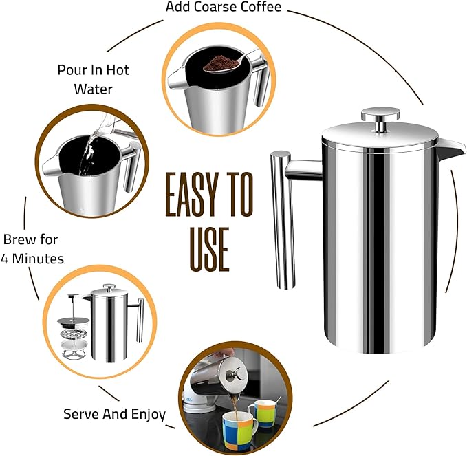 Utopia Kitchen 304 Grade Stainless Steel French Press Coffee Maker 12 Oz, Double Wall Insulated Coffee Press with 4-Level Filtration system, Include 2 Extra Filters, Rust-Free, Dishwasher Safe, Silver